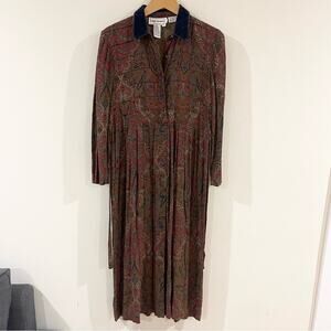 Karin Stevens Vintage Midi Long Sleeve Dress Front Button Closure Velvet Collar